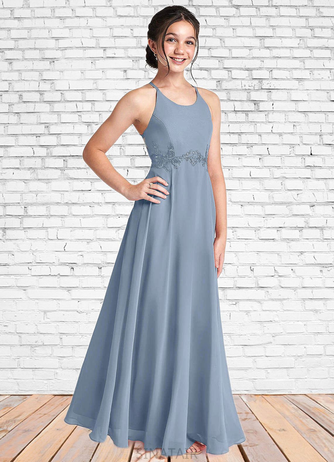 Iyana A-Line Lace Chiffon Floor-Length Junior Bridesmaid Dress dusty blue DHP0022860