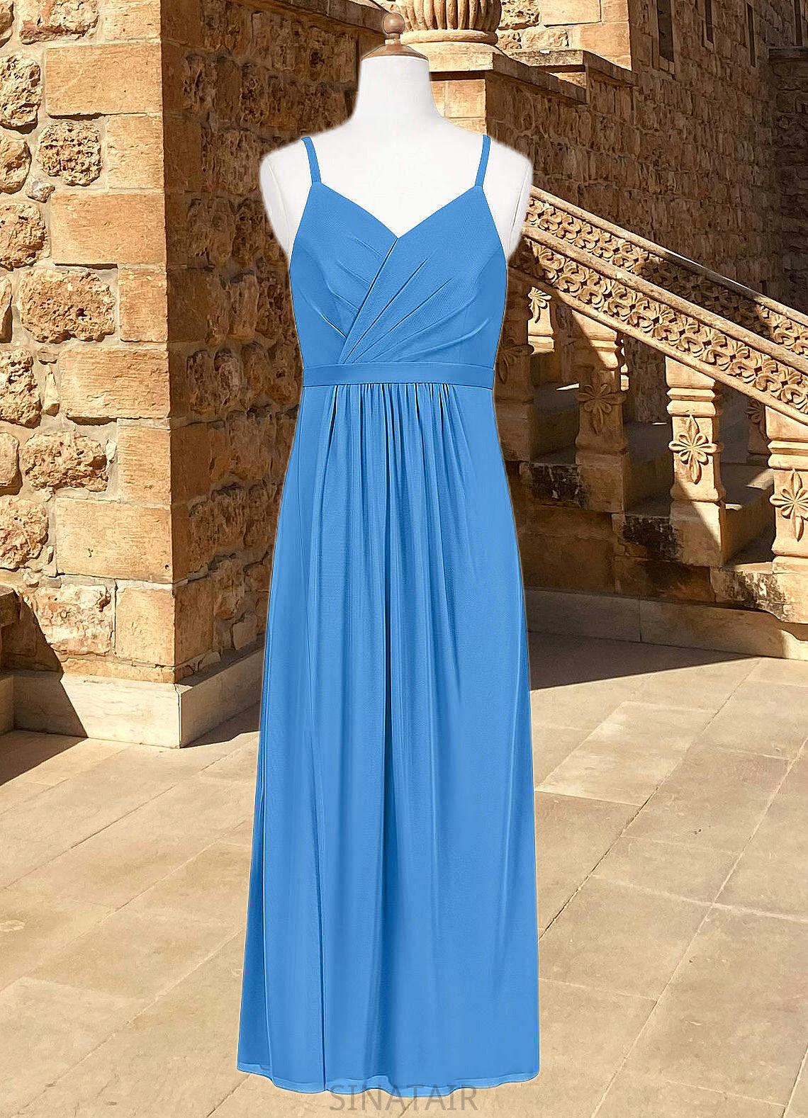 Melissa Pleated Mesh Floor-Length Junior Bridesmaid Dress Blue Jay DHP0022861