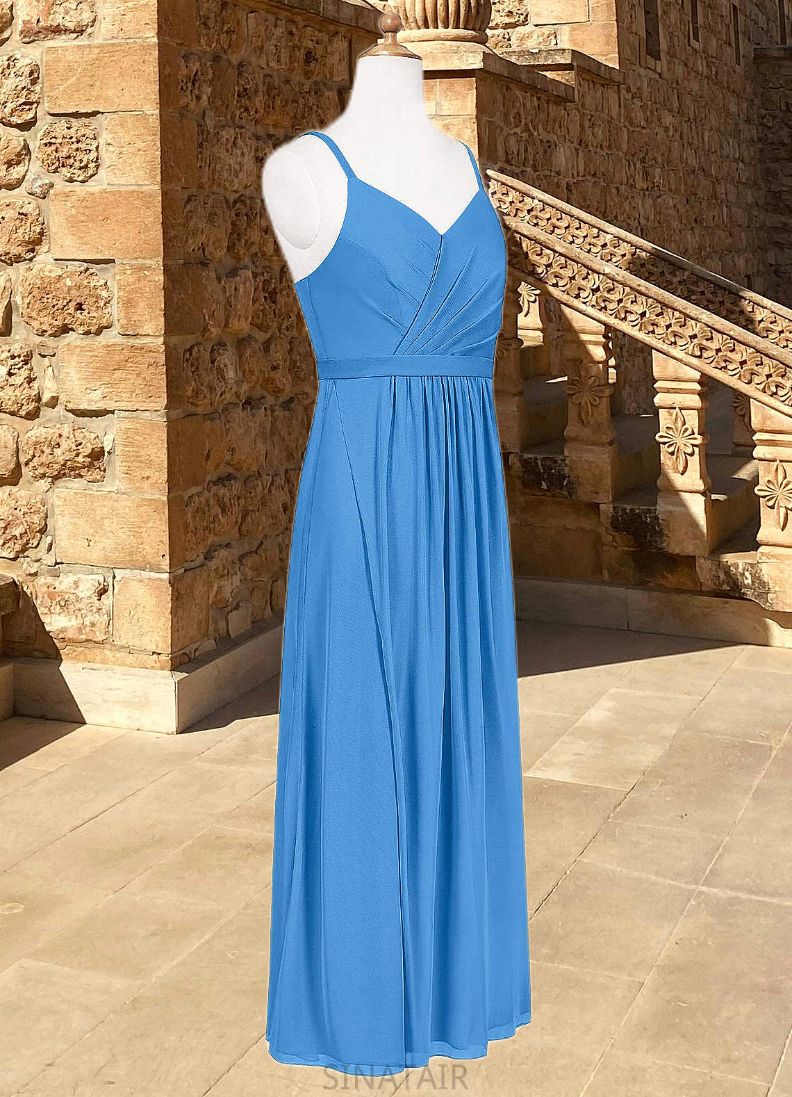 Melissa Pleated Mesh Floor-Length Junior Bridesmaid Dress Blue Jay DHP0022861