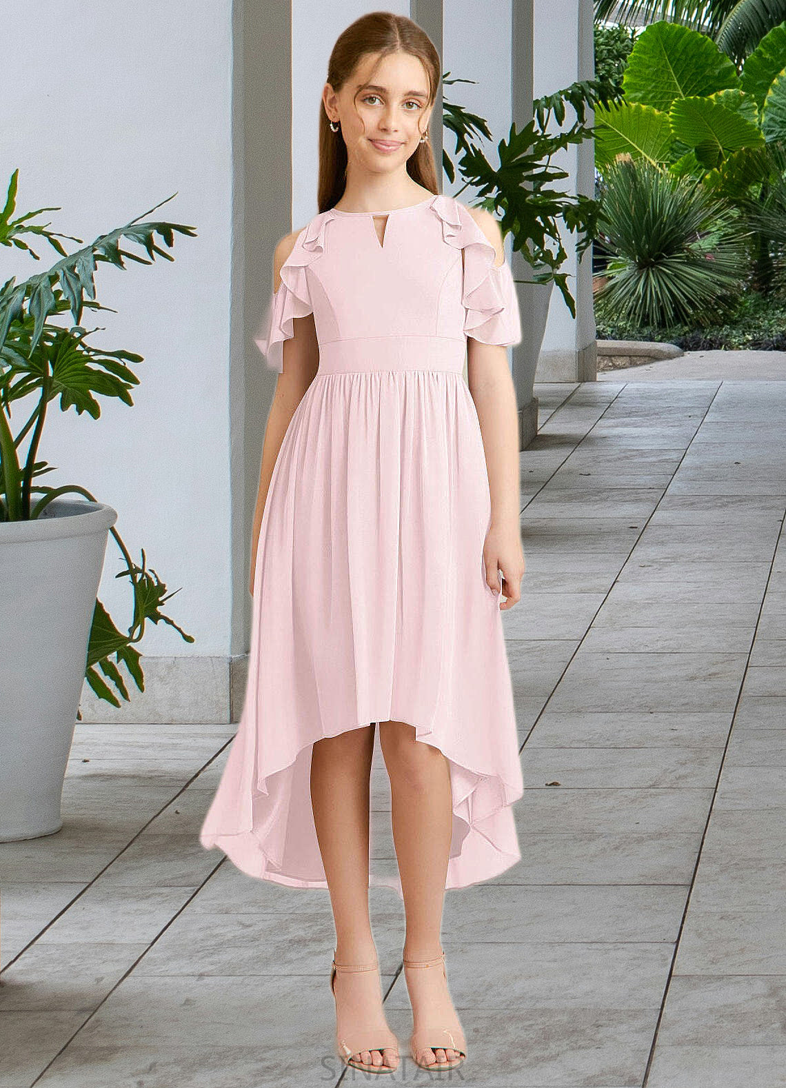 Cassandra A-Line Ruched Chiffon Asymmetrical Junior Bridesmaid Dress Blushing Pink DHP0022862