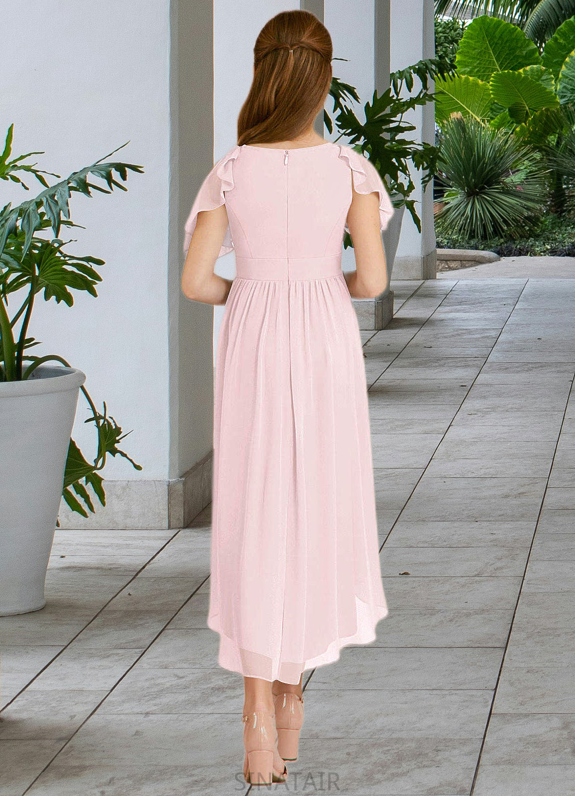 Cassandra A-Line Ruched Chiffon Asymmetrical Junior Bridesmaid Dress Blushing Pink DHP0022862