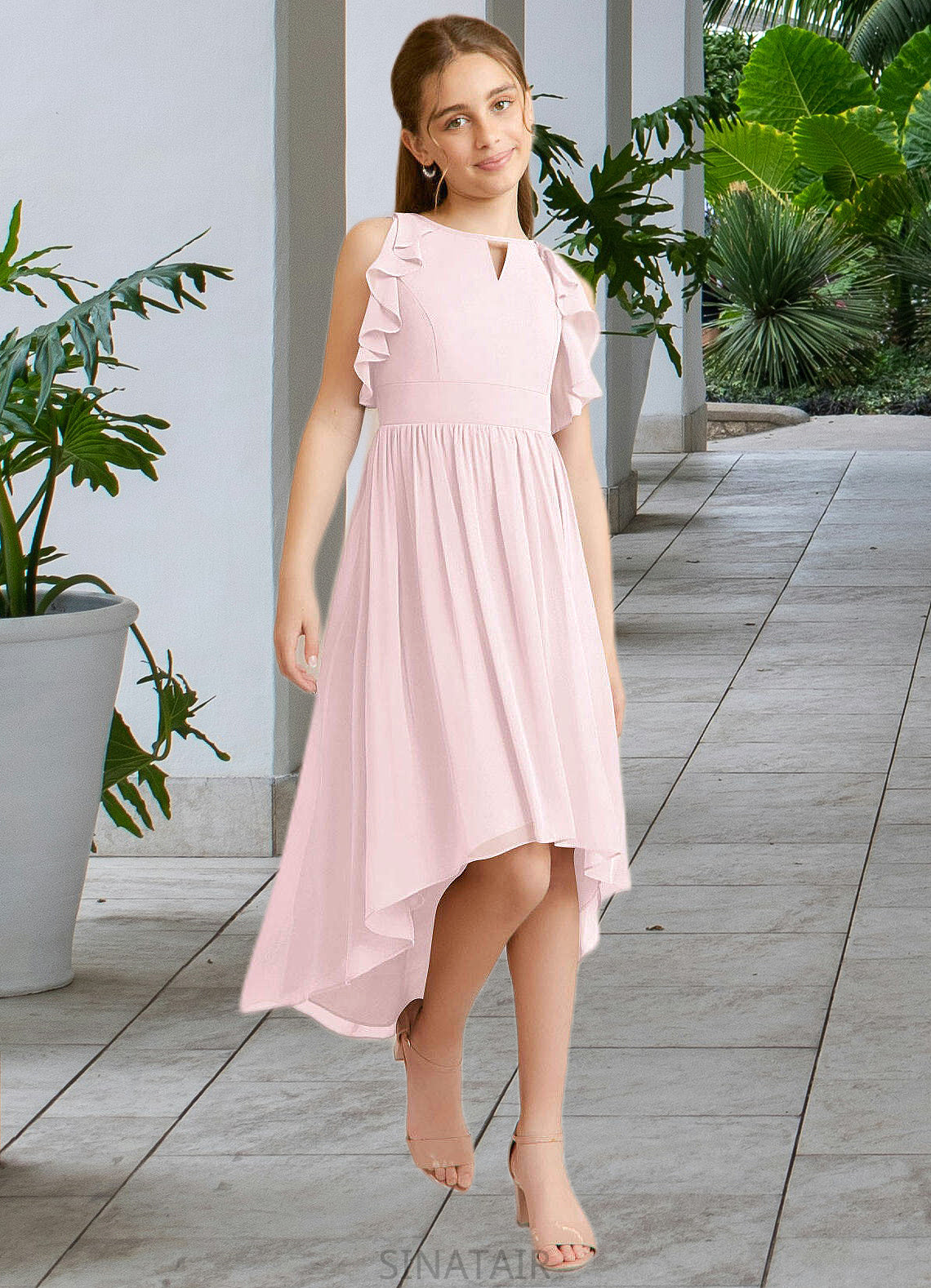 Cassandra A-Line Ruched Chiffon Asymmetrical Junior Bridesmaid Dress Blushing Pink DHP0022862