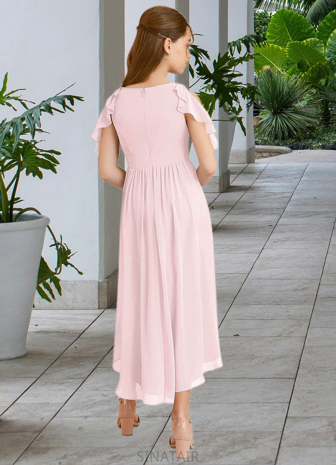 Cassandra A-Line Ruched Chiffon Asymmetrical Junior Bridesmaid Dress Blushing Pink DHP0022862