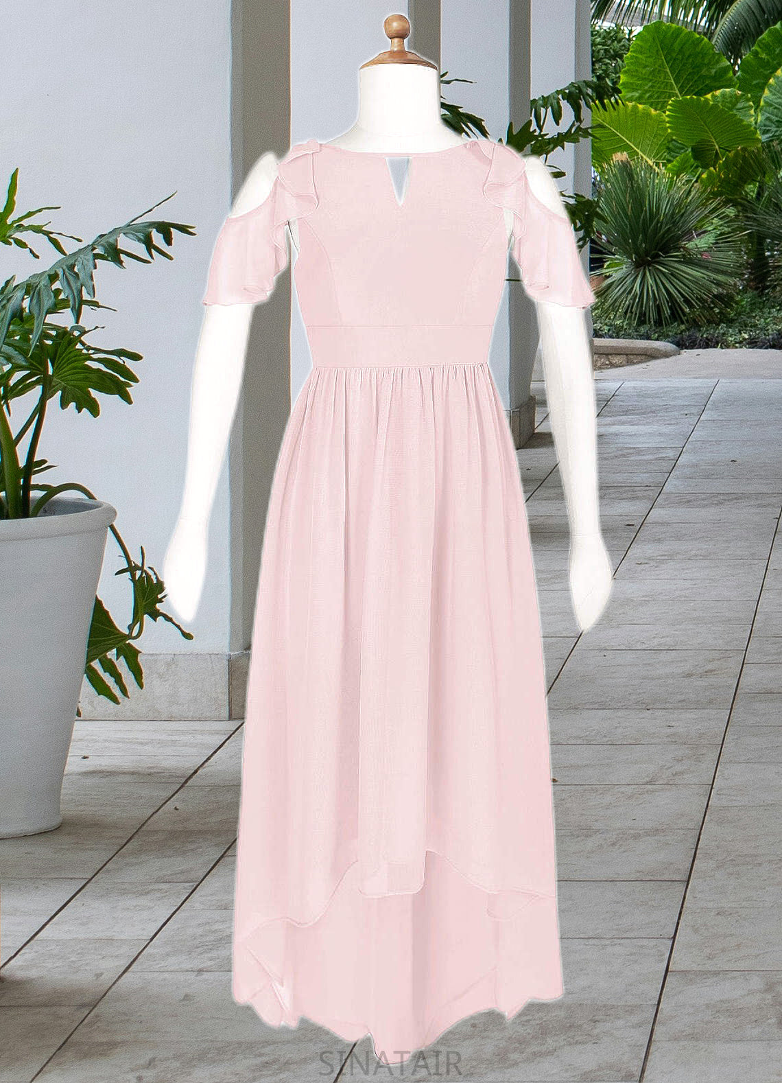 Cassandra A-Line Ruched Chiffon Asymmetrical Junior Bridesmaid Dress Blushing Pink DHP0022862