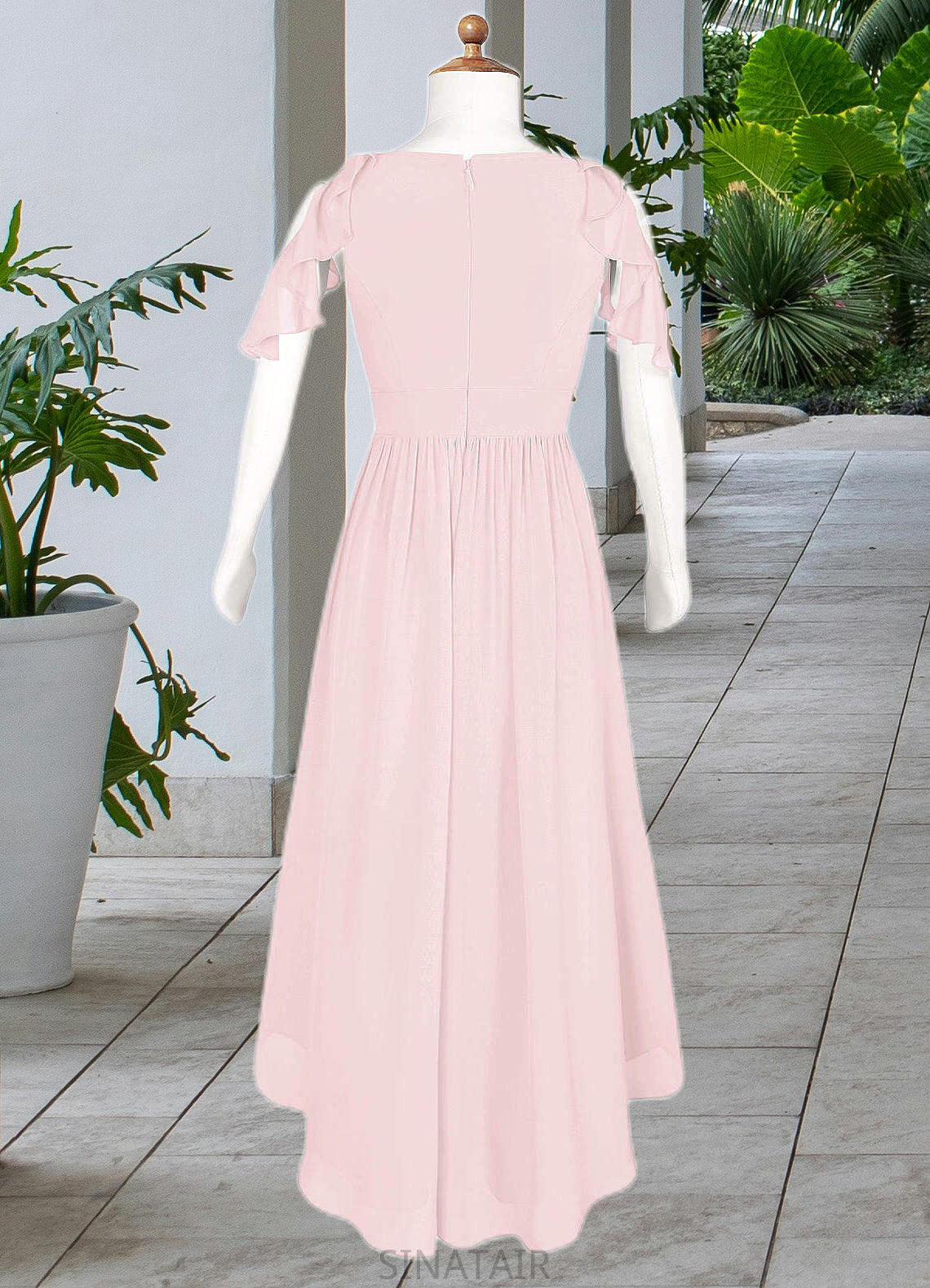 Cassandra A-Line Ruched Chiffon Asymmetrical Junior Bridesmaid Dress Blushing Pink DHP0022862