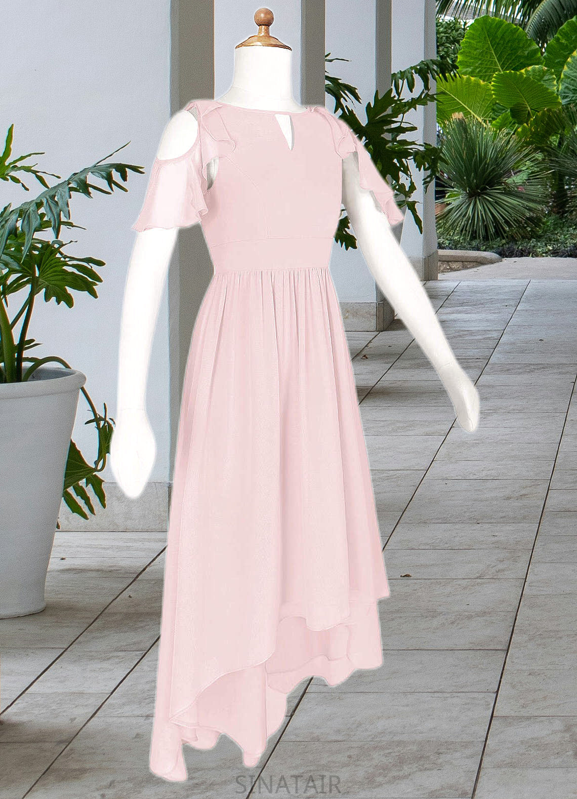 Cassandra A-Line Ruched Chiffon Asymmetrical Junior Bridesmaid Dress Blushing Pink DHP0022862