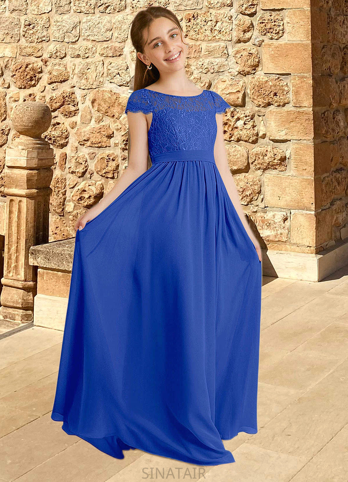 Mia A-Line Pleated Chiffon Floor-Length Junior Bridesmaid Dress Royal Blue DHP0022863