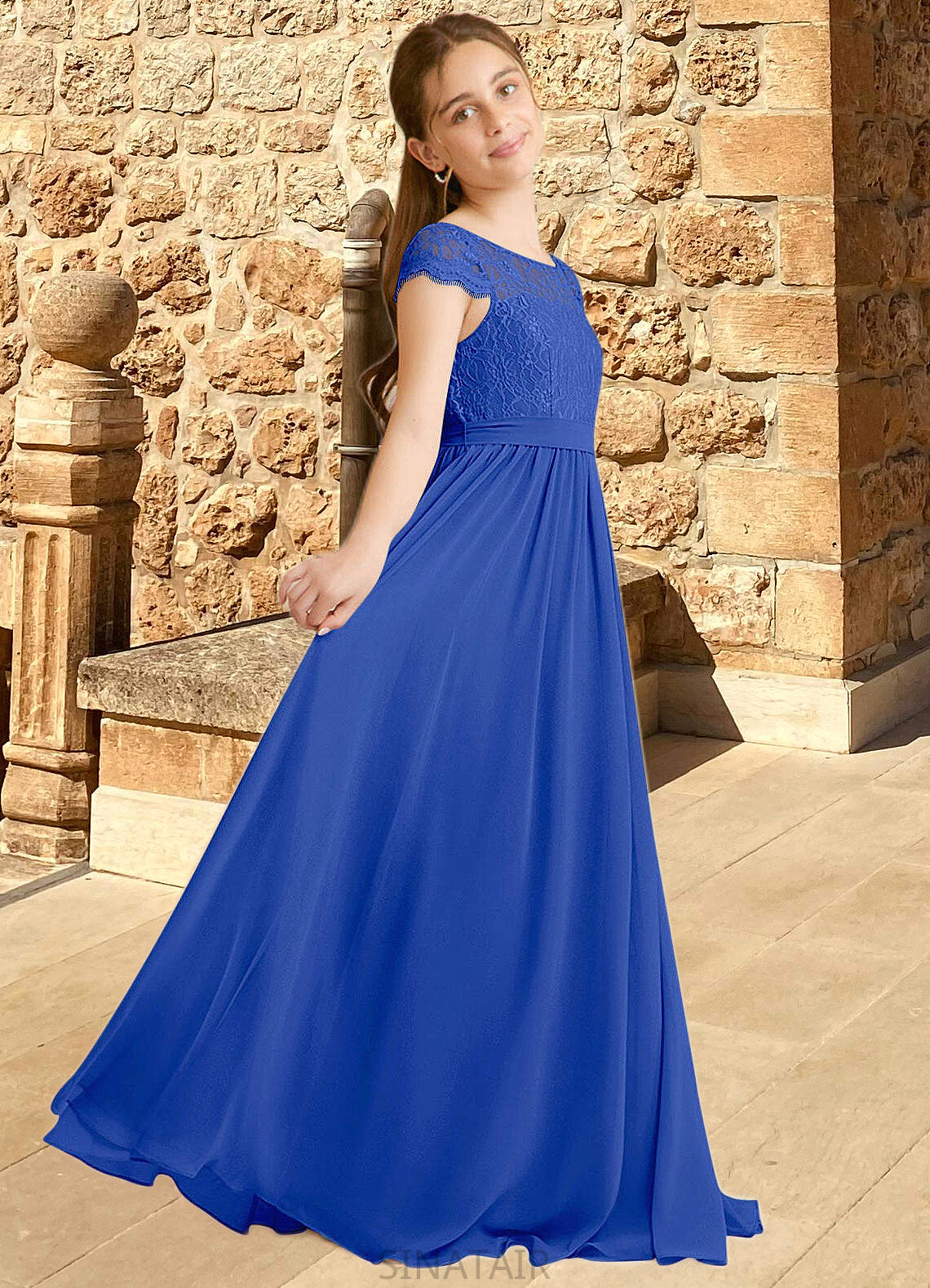 Mia A-Line Pleated Chiffon Floor-Length Junior Bridesmaid Dress Royal Blue DHP0022863