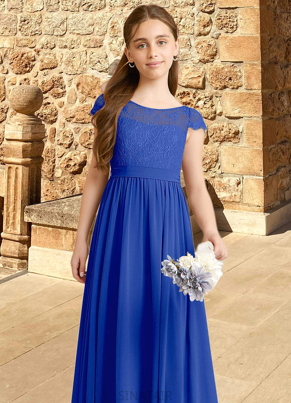 Mia A-Line Pleated Chiffon Floor-Length Junior Bridesmaid Dress Royal Blue DHP0022863