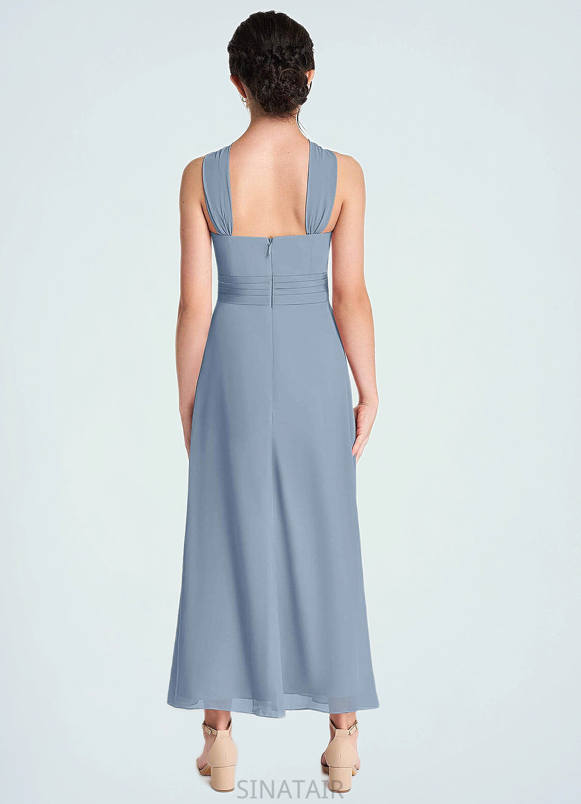 Brielle A-Line Pleated Chiffon Ankle-Length Junior Bridesmaid Dress dusty blue DHP0022866