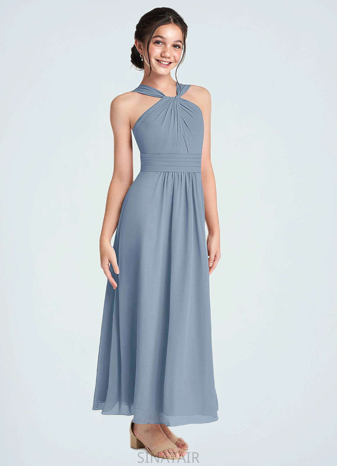 Brielle A-Line Pleated Chiffon Ankle-Length Junior Bridesmaid Dress dusty blue DHP0022866