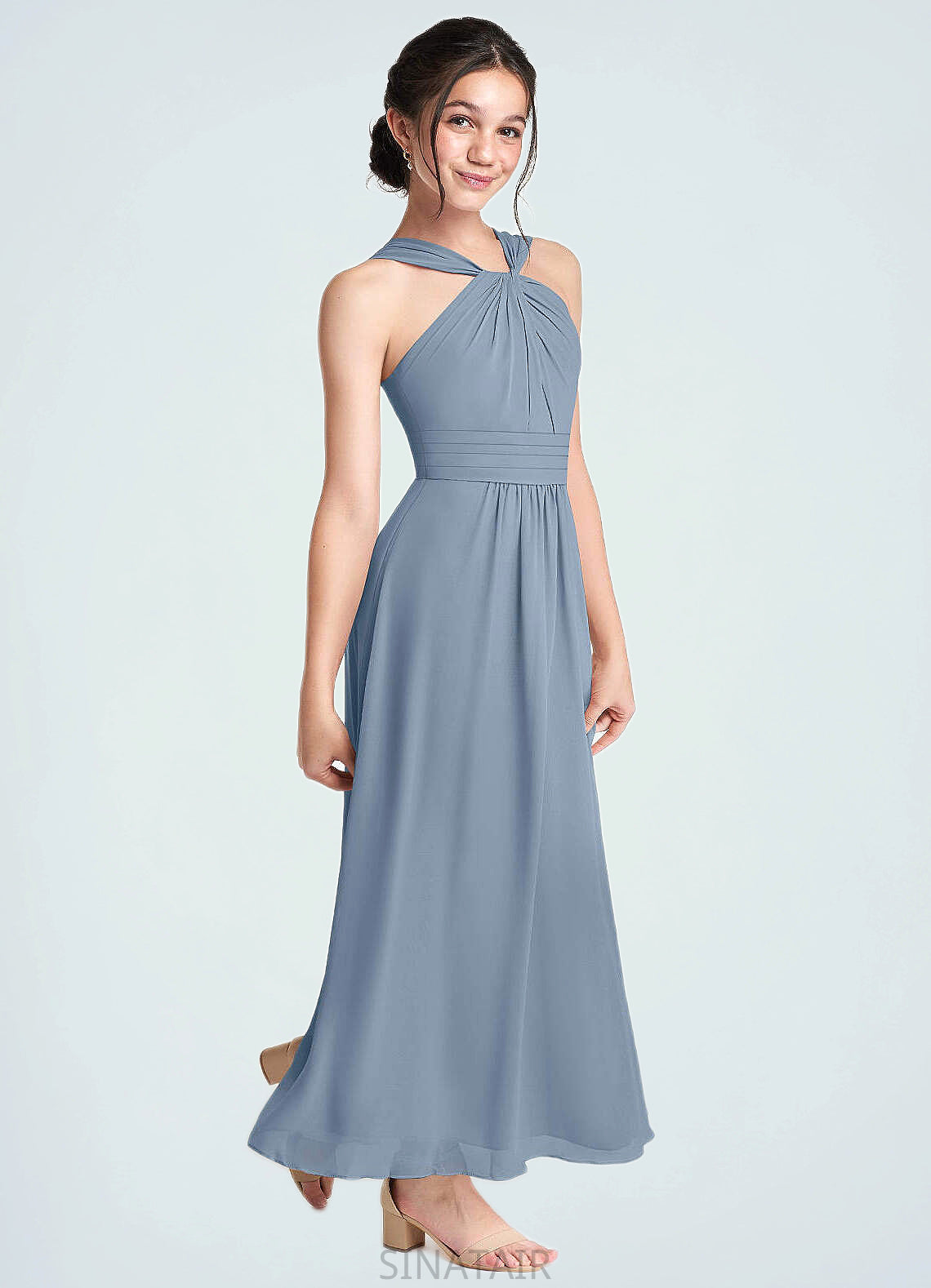 Brielle A-Line Pleated Chiffon Ankle-Length Junior Bridesmaid Dress dusty blue DHP0022866