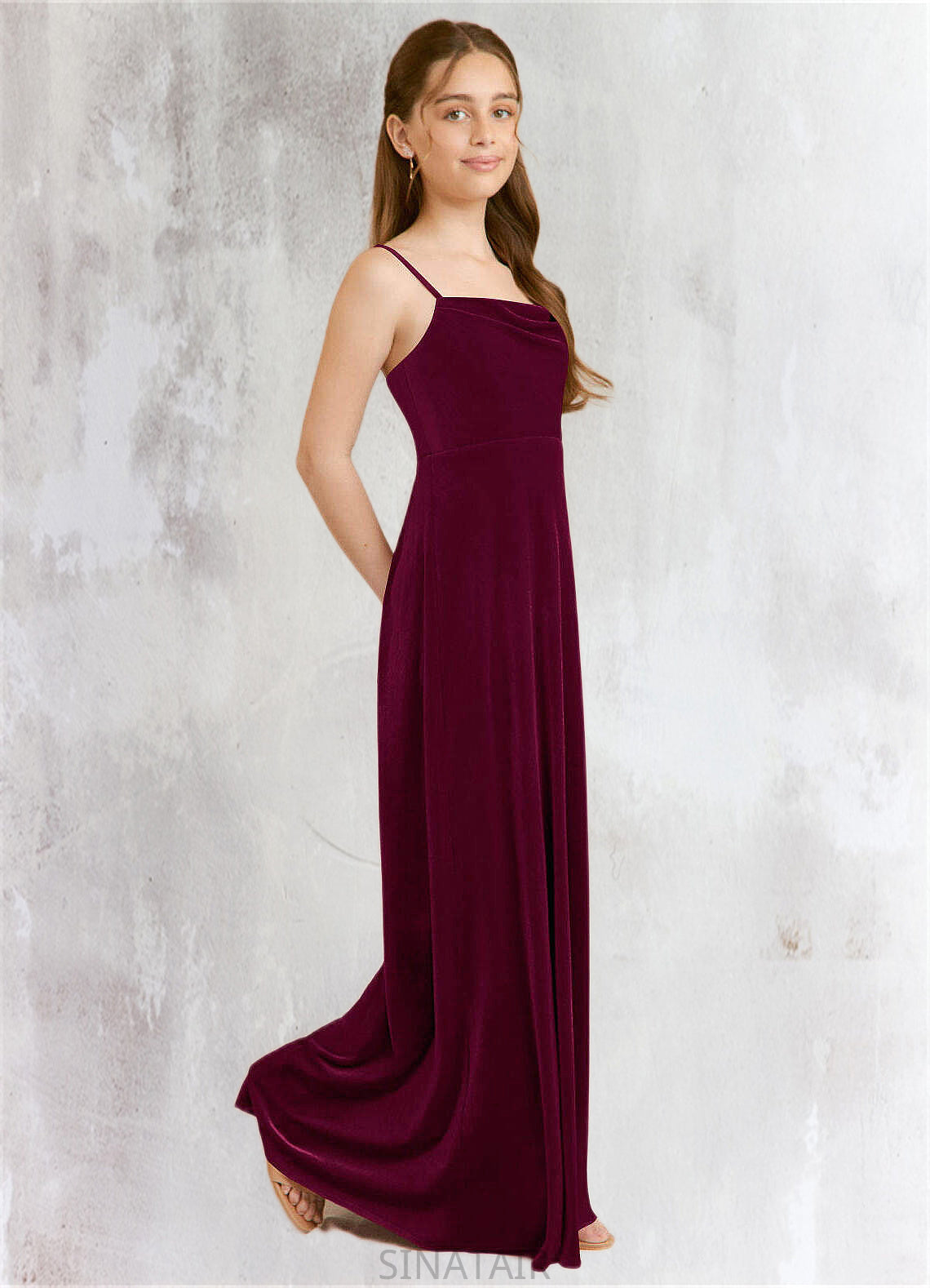 Ashleigh A-Line Velvet Floor-Length Junior Bridesmaid Dress Cabernet DHP0022870