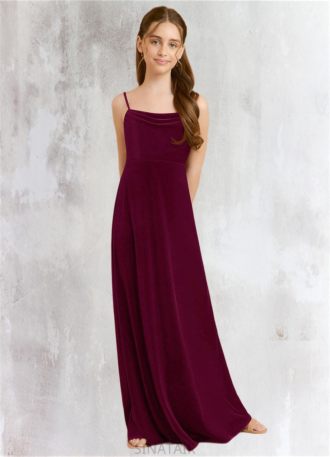 Ashleigh A-Line Velvet Floor-Length Junior Bridesmaid Dress Cabernet DHP0022870