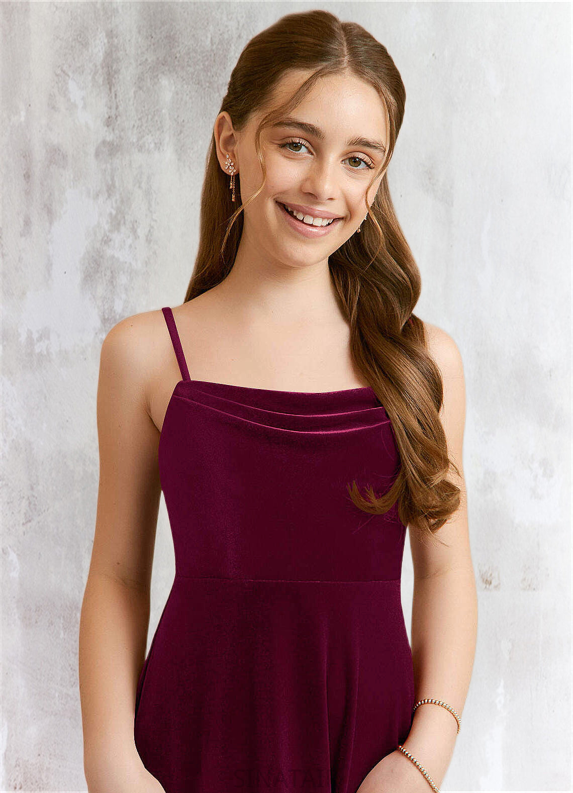 Ashleigh A-Line Velvet Floor-Length Junior Bridesmaid Dress Cabernet DHP0022870