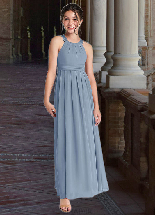 Yasmin A-Line Lace Chiffon Floor-Length Junior Bridesmaid Dress dusty blue DHP0022871