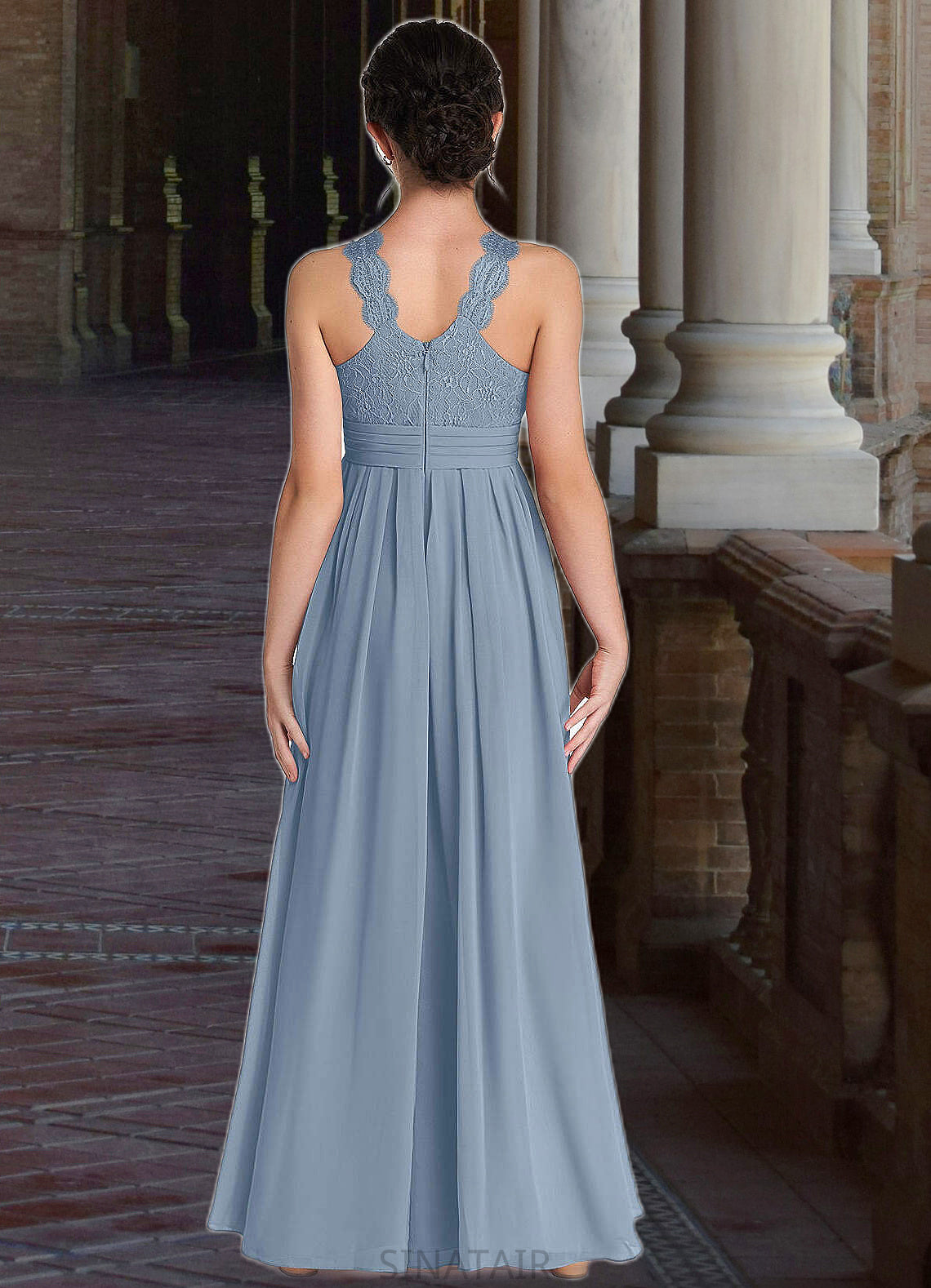 Yasmin A-Line Lace Chiffon Floor-Length Junior Bridesmaid Dress dusty blue DHP0022871