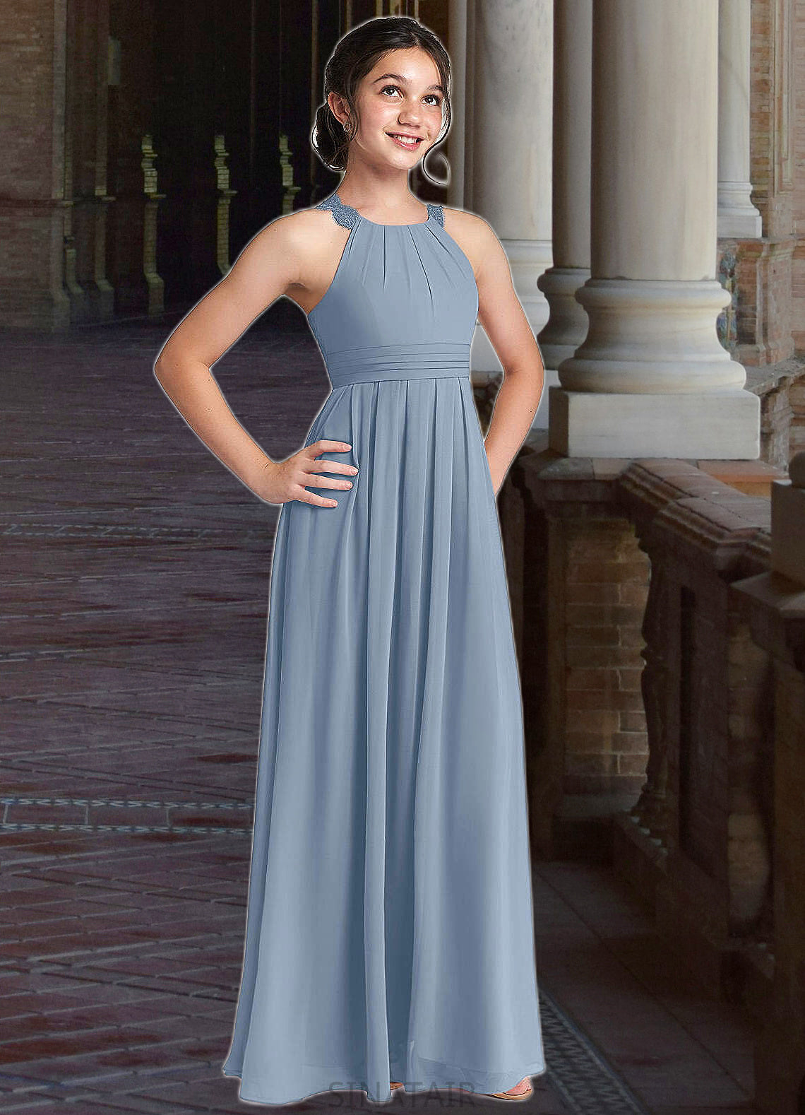 Yasmin A-Line Lace Chiffon Floor-Length Junior Bridesmaid Dress dusty blue DHP0022871