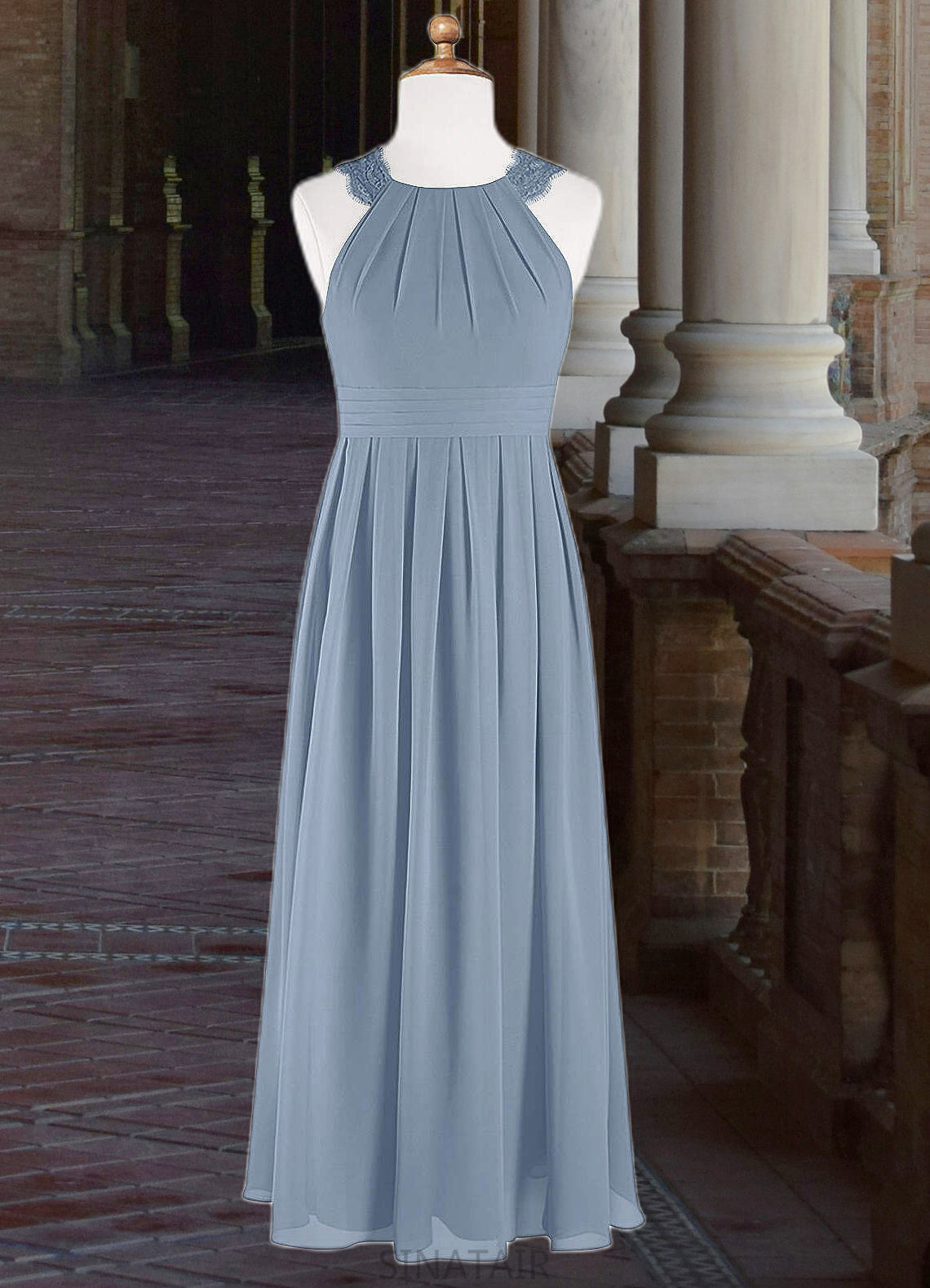 Yasmin A-Line Lace Chiffon Floor-Length Junior Bridesmaid Dress dusty blue DHP0022871