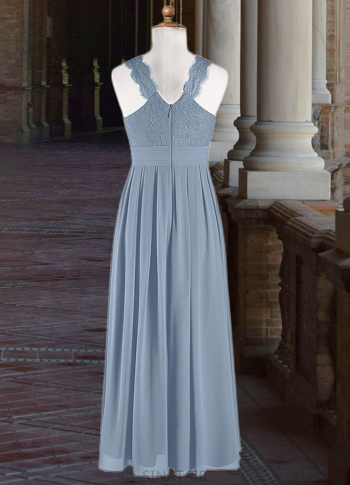 Yasmin A-Line Lace Chiffon Floor-Length Junior Bridesmaid Dress dusty blue DHP0022871