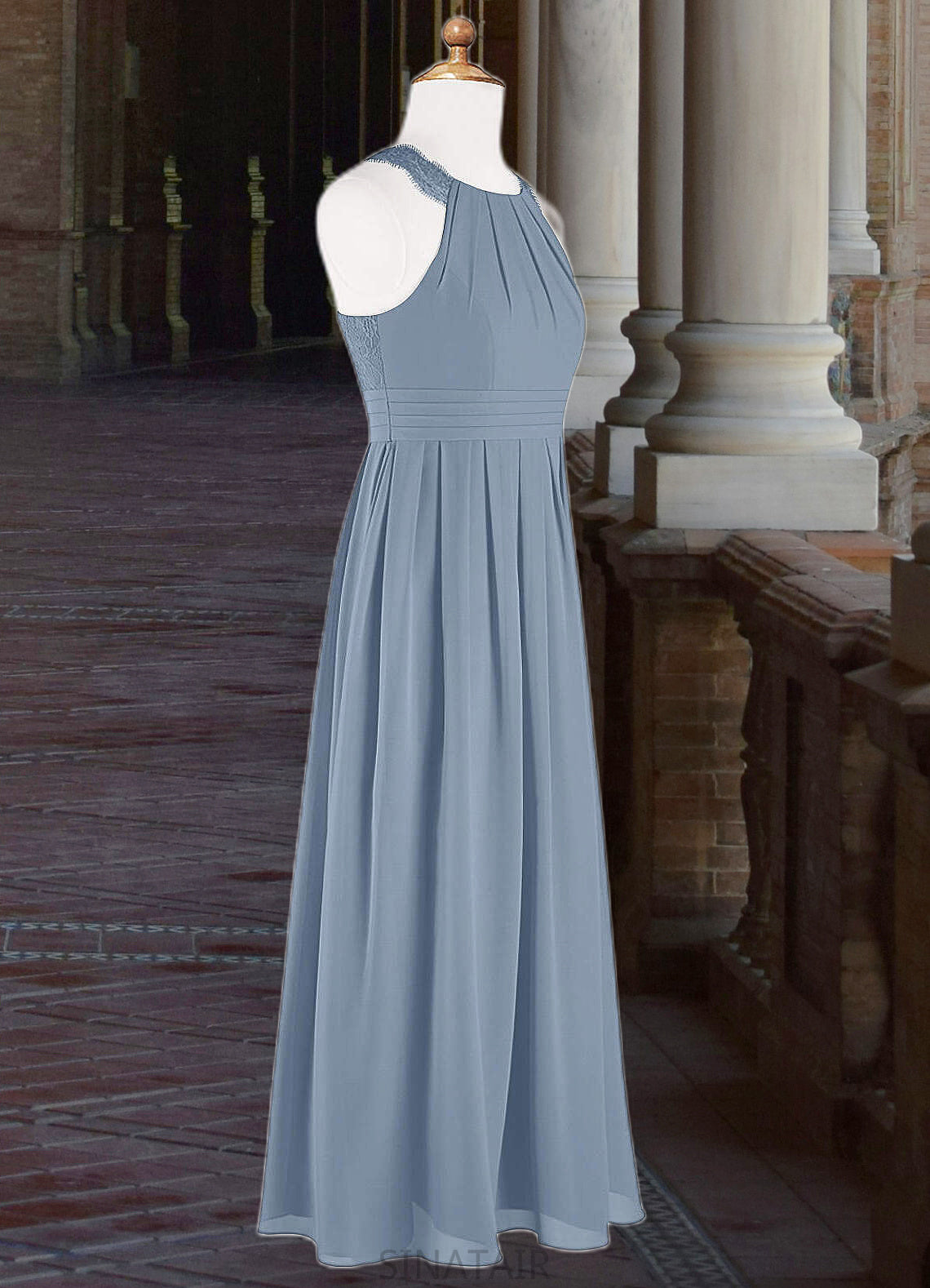 Yasmin A-Line Lace Chiffon Floor-Length Junior Bridesmaid Dress dusty blue DHP0022871