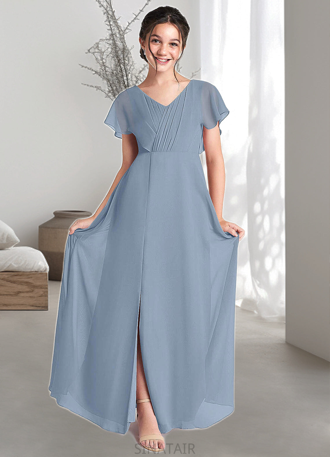 Gertie A-Line Ruched Chiffon Floor-Length Junior Bridesmaid Dress dusty blue DHP0022872