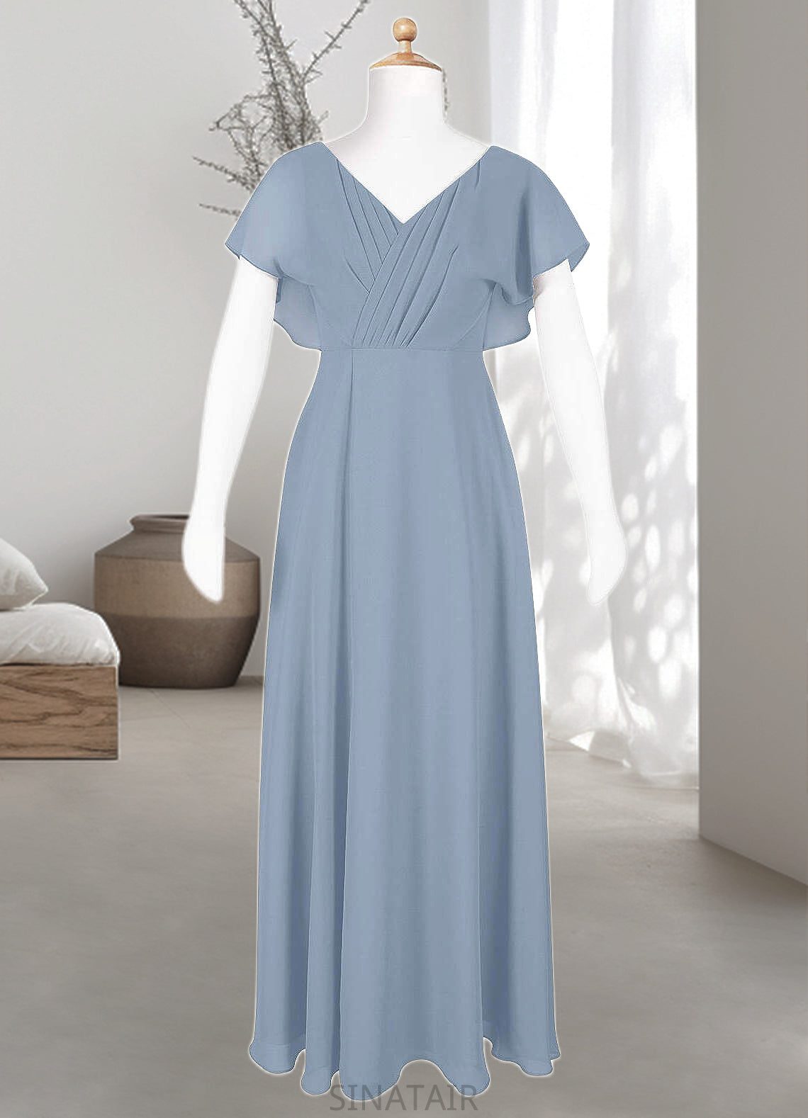 Gertie A-Line Ruched Chiffon Floor-Length Junior Bridesmaid Dress dusty blue DHP0022872