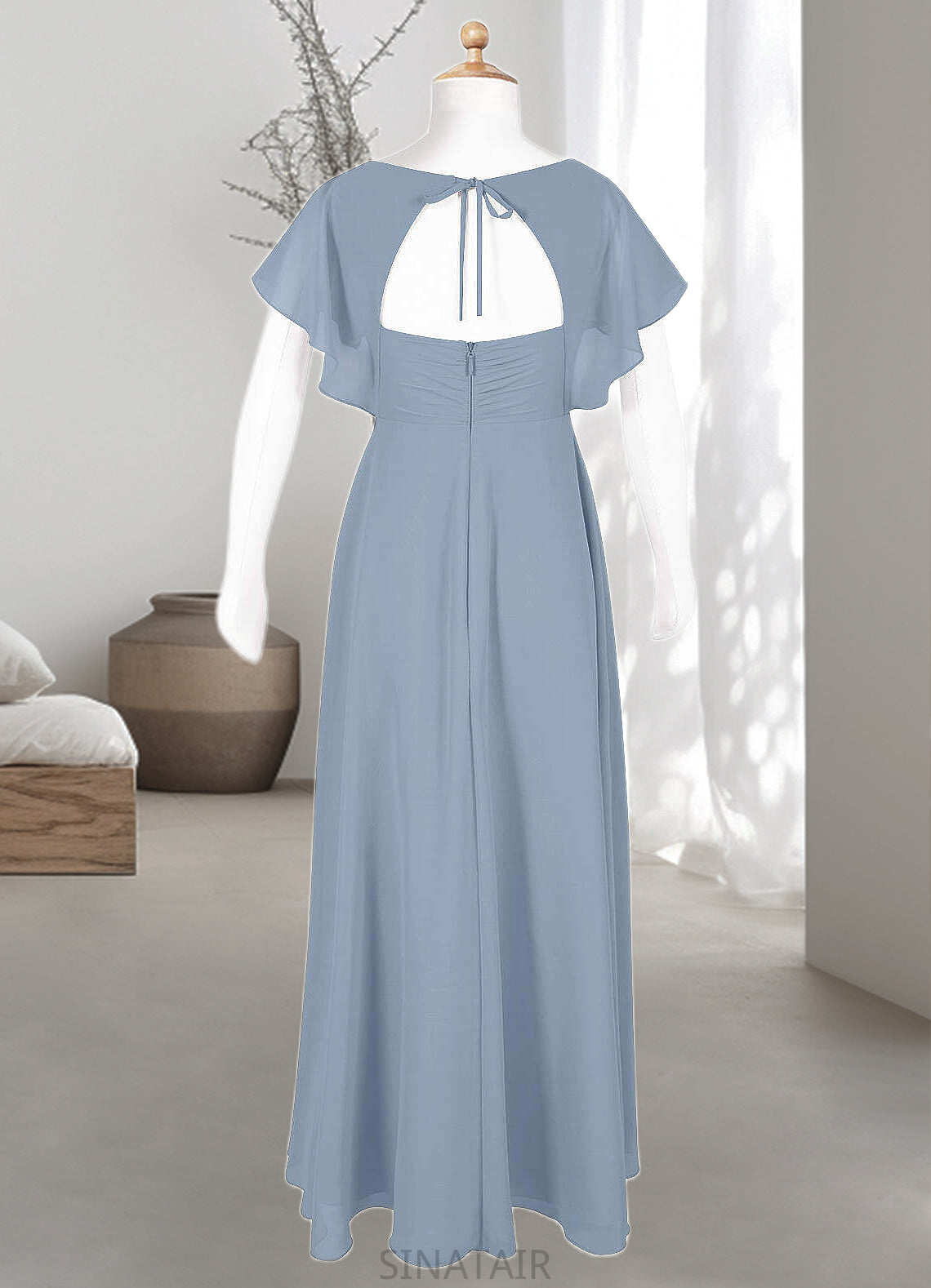 Gertie A-Line Ruched Chiffon Floor-Length Junior Bridesmaid Dress dusty blue DHP0022872