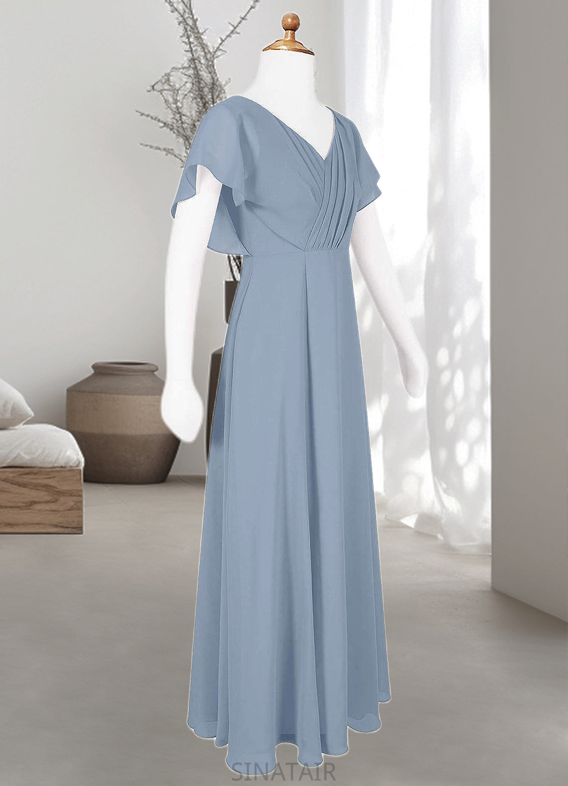 Gertie A-Line Ruched Chiffon Floor-Length Junior Bridesmaid Dress dusty blue DHP0022872