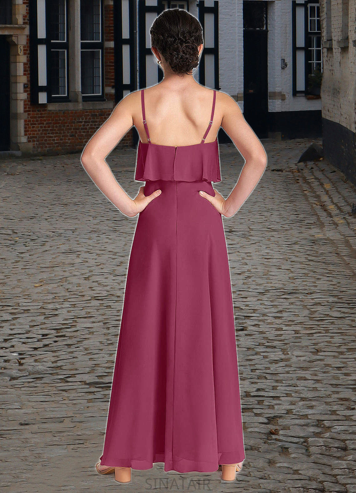 Cadence A-Line Ruched Chiffon Floor-Length Junior Bridesmaid Dress Mulberry DHP0022874