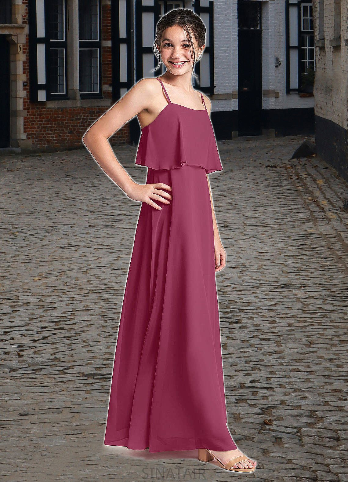 Cadence A-Line Ruched Chiffon Floor-Length Junior Bridesmaid Dress Mulberry DHP0022874