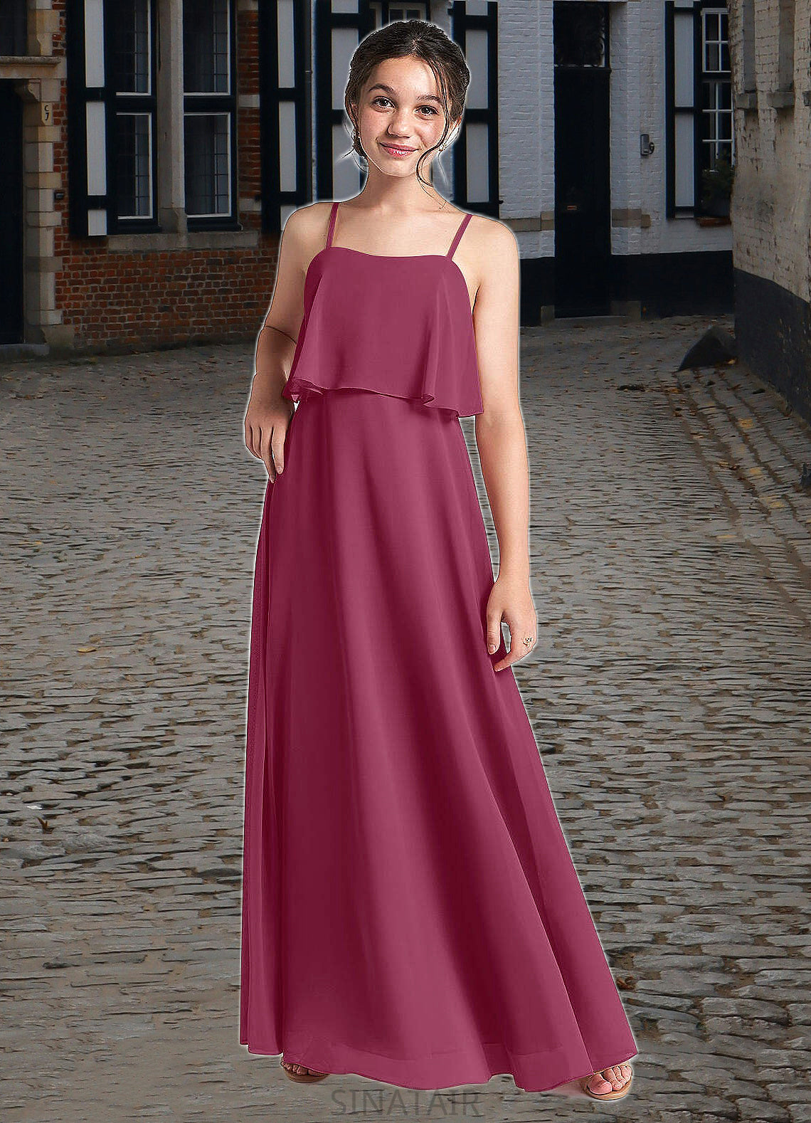 Cadence A-Line Ruched Chiffon Floor-Length Junior Bridesmaid Dress Mulberry DHP0022874