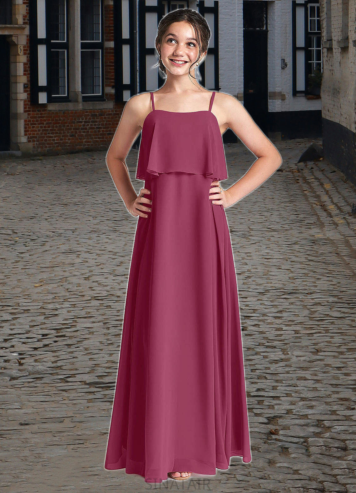 Cadence A-Line Ruched Chiffon Floor-Length Junior Bridesmaid Dress Mulberry DHP0022874