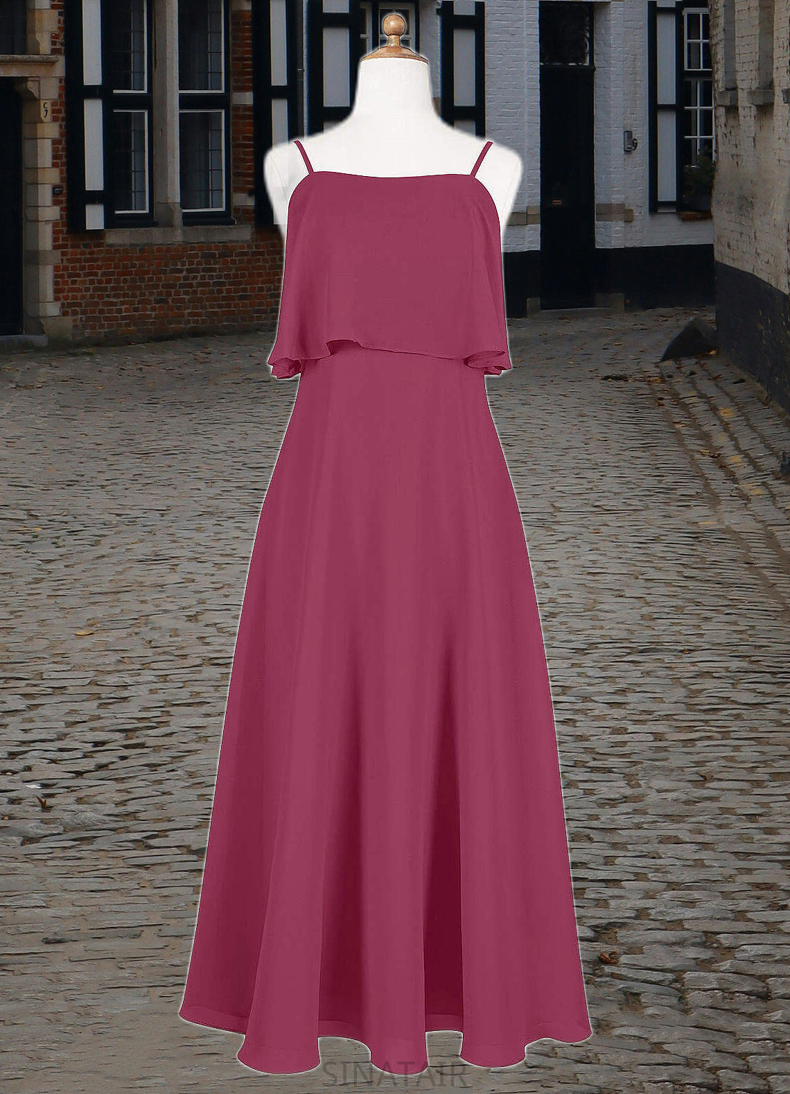 Cadence A-Line Ruched Chiffon Floor-Length Junior Bridesmaid Dress Mulberry DHP0022874