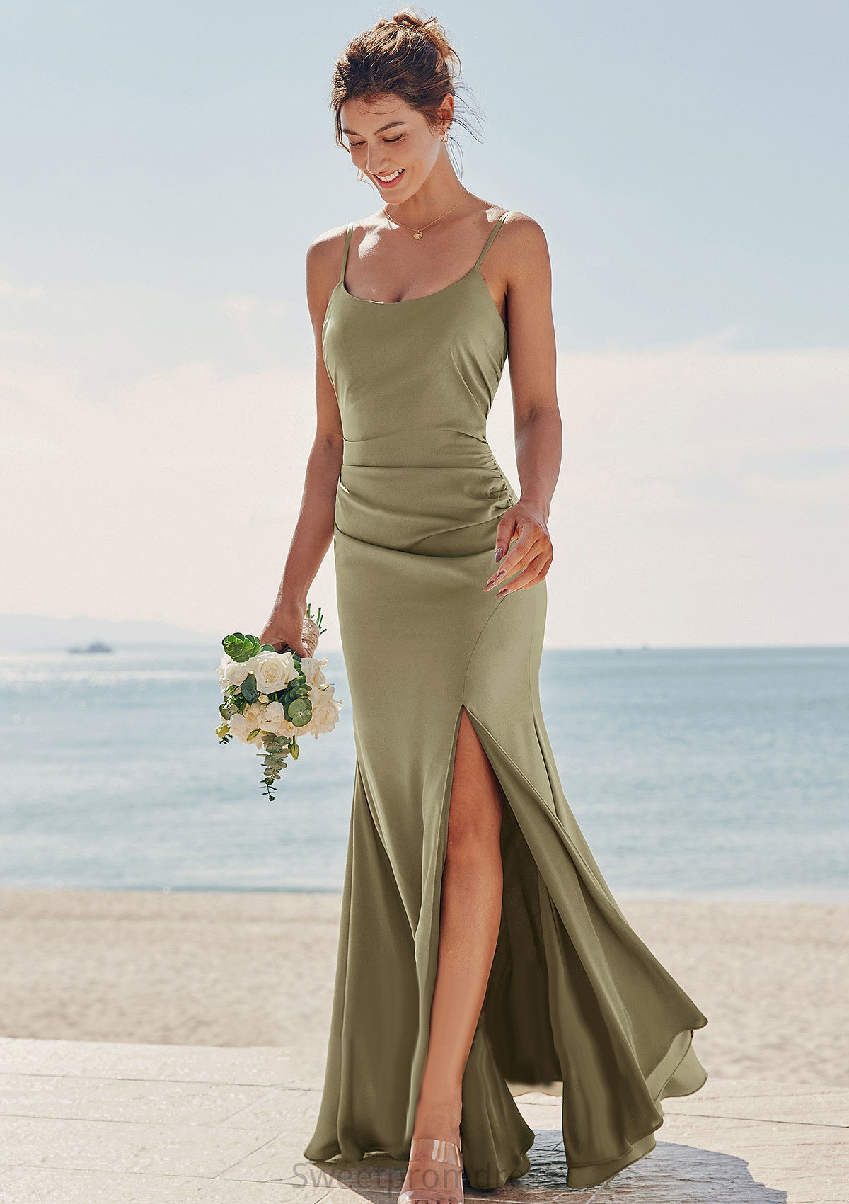 Trumpet/Mermaid Scoop Neck Sleeveless Floor-Length Stretch Satin Bridesmaid Dresses with Pleated Split Elle DHP0025219