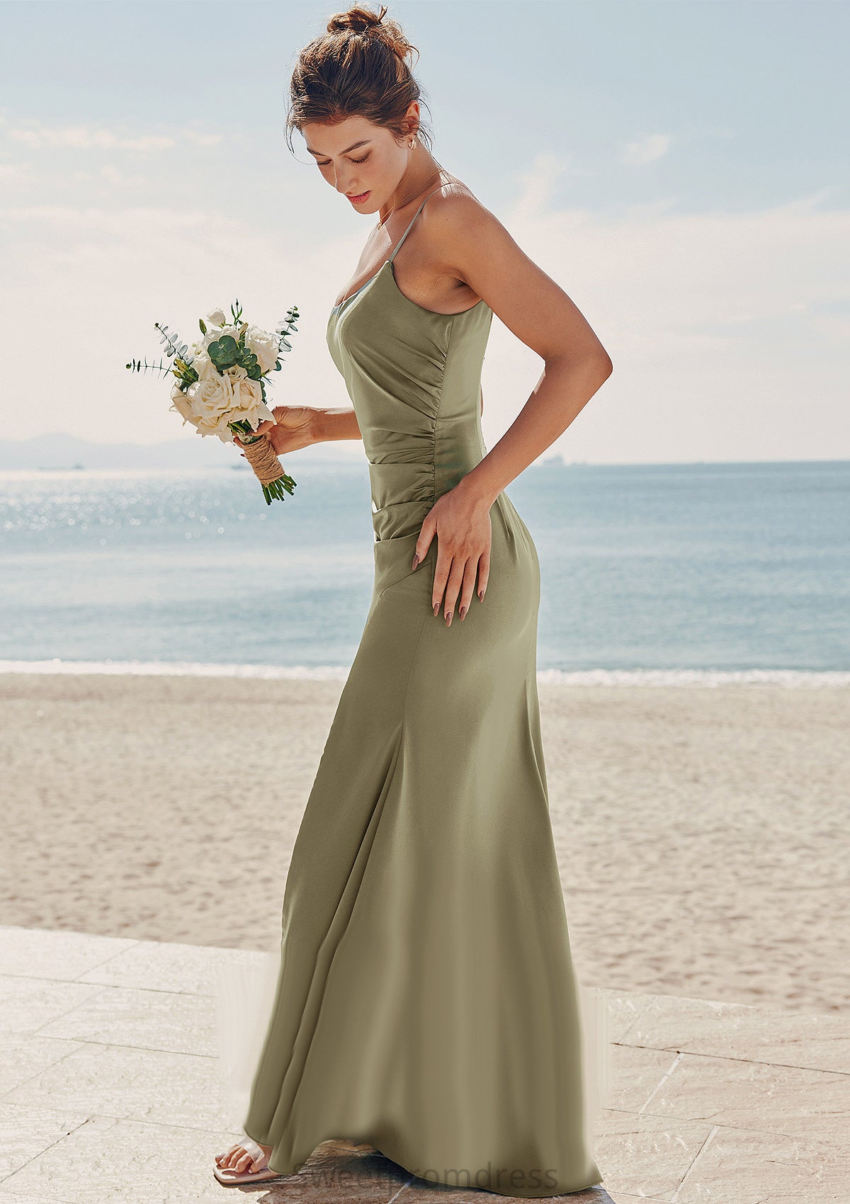 Trumpet/Mermaid Scoop Neck Sleeveless Floor-Length Stretch Satin Bridesmaid Dresses with Pleated Split Elle DHP0025219