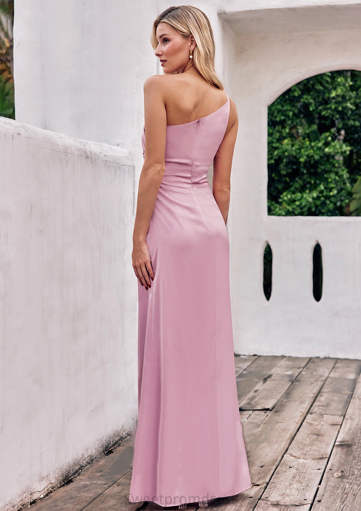 Sheath/Column One-Shoulder Sleeveless Floor-Length Stretch Satin Bridesmaid Dresses with Pleated Sariah DHP0025221