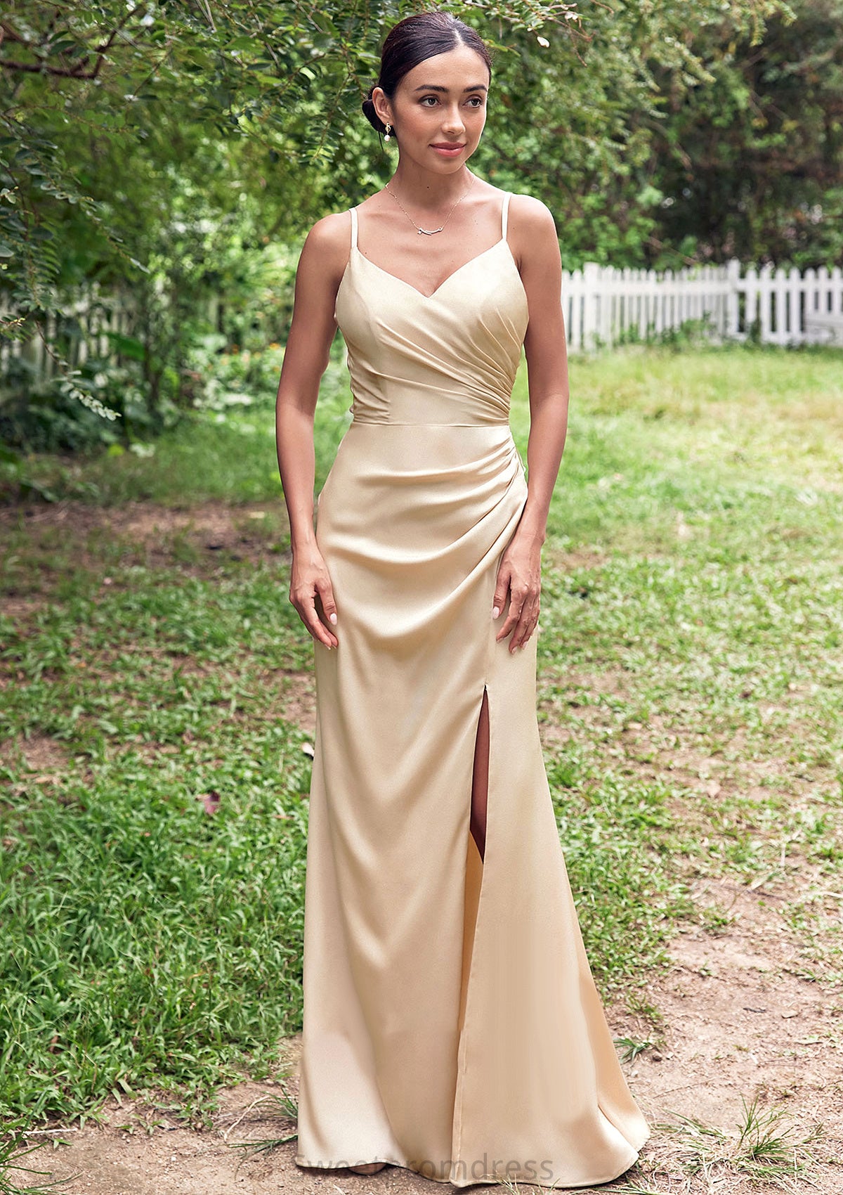 Sheath/Column V Neck Sleeveless Floor-Length Stretch Satin Bridesmaid Dresses with Pleated Split Sonia DHP0025222