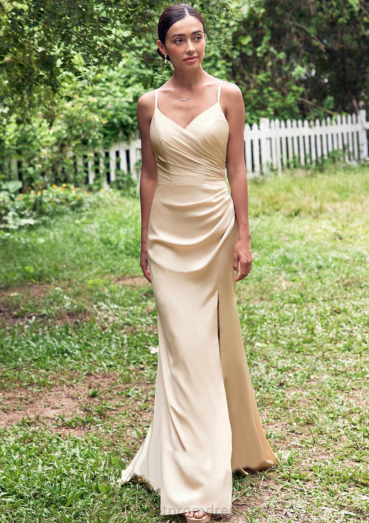 Sheath/Column V Neck Sleeveless Floor-Length Stretch Satin Bridesmaid Dresses with Pleated Split Sonia DHP0025222