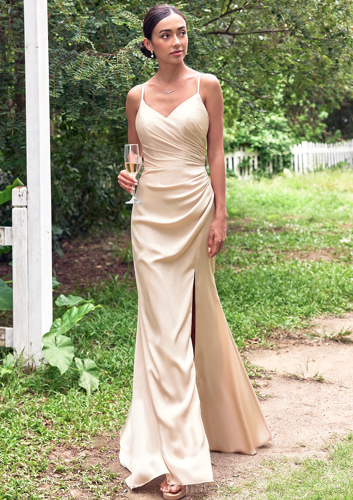 Sheath/Column V Neck Sleeveless Floor-Length Stretch Satin Bridesmaid Dresses with Pleated Split Sonia DHP0025222