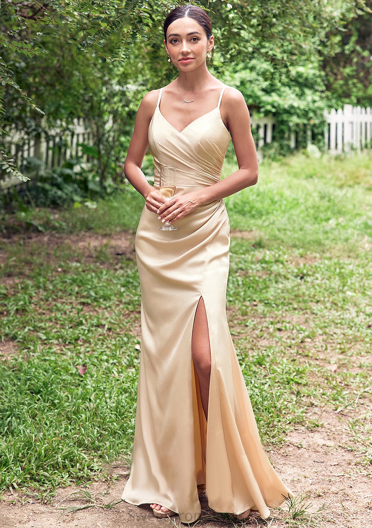 Sheath/Column V Neck Sleeveless Floor-Length Stretch Satin Bridesmaid Dresses with Pleated Split Sonia DHP0025222