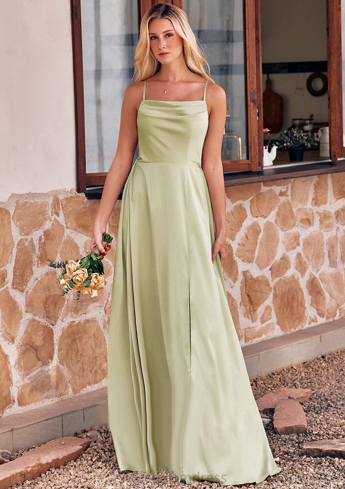 A-line Square Neckline Sleeveless Floor-Length Stretch Satin Bridesmaid Dresses with Bowknot Split Hilary DHP0025223