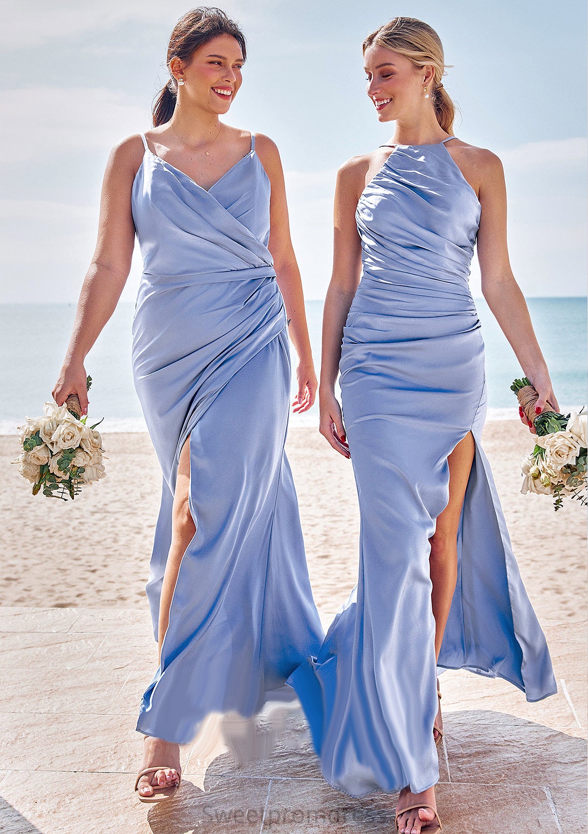 Sheath/Column Halter Sleeveless Floor-Length Stretch Satin Bridesmaid Dresses with Pleated Split Evelin DHP0025224