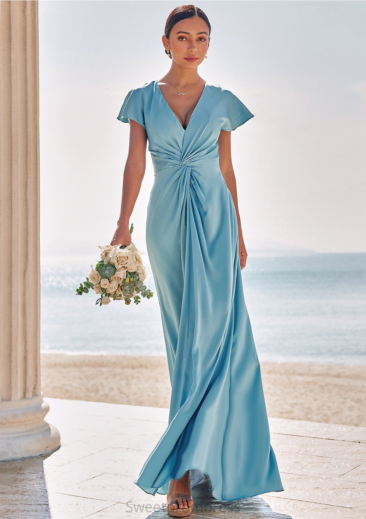 Sheath/Column V Neck Short Sleeve Floor-Length Stretch Satin Bridesmaid Dresses with Pleated Lilyana DHP0025225