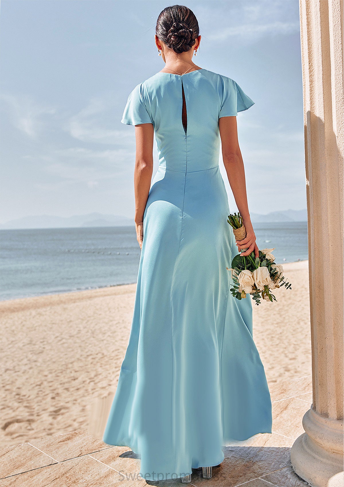 Sheath/Column V Neck Short Sleeve Floor-Length Stretch Satin Bridesmaid Dresses with Pleated Lilyana DHP0025225