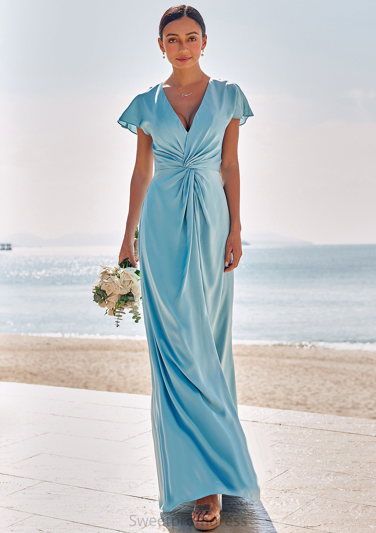 Sheath/Column V Neck Short Sleeve Floor-Length Stretch Satin Bridesmaid Dresses with Pleated Lilyana DHP0025225