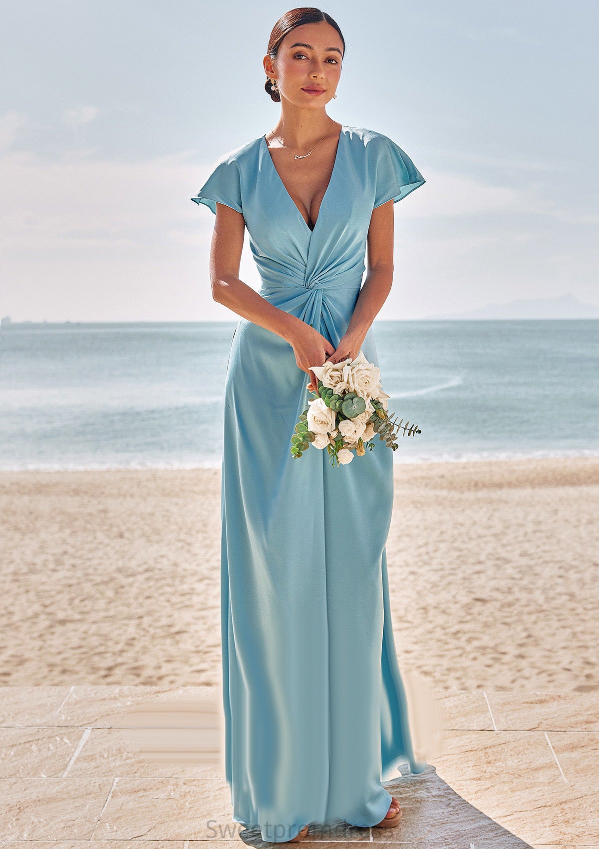 Sheath/Column V Neck Short Sleeve Floor-Length Stretch Satin Bridesmaid Dresses with Pleated Lilyana DHP0025225