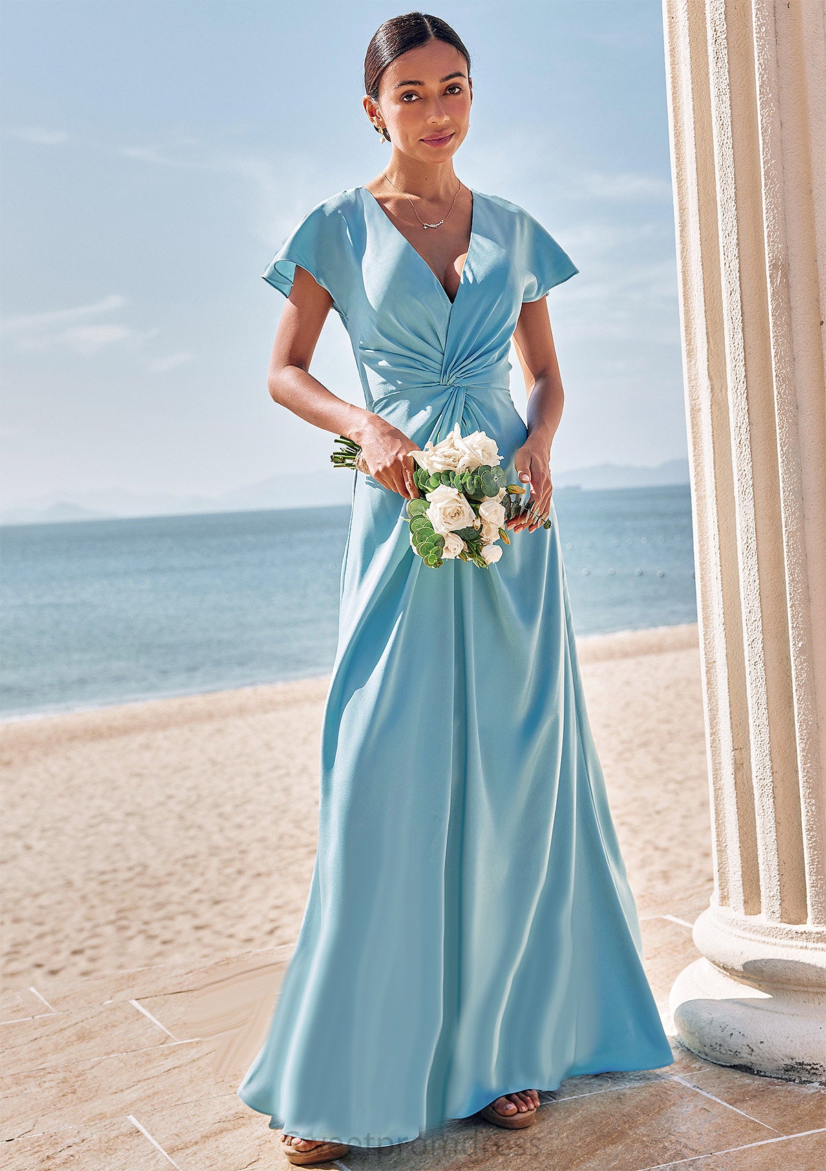 Sheath/Column V Neck Short Sleeve Floor-Length Stretch Satin Bridesmaid Dresses with Pleated Lilyana DHP0025225