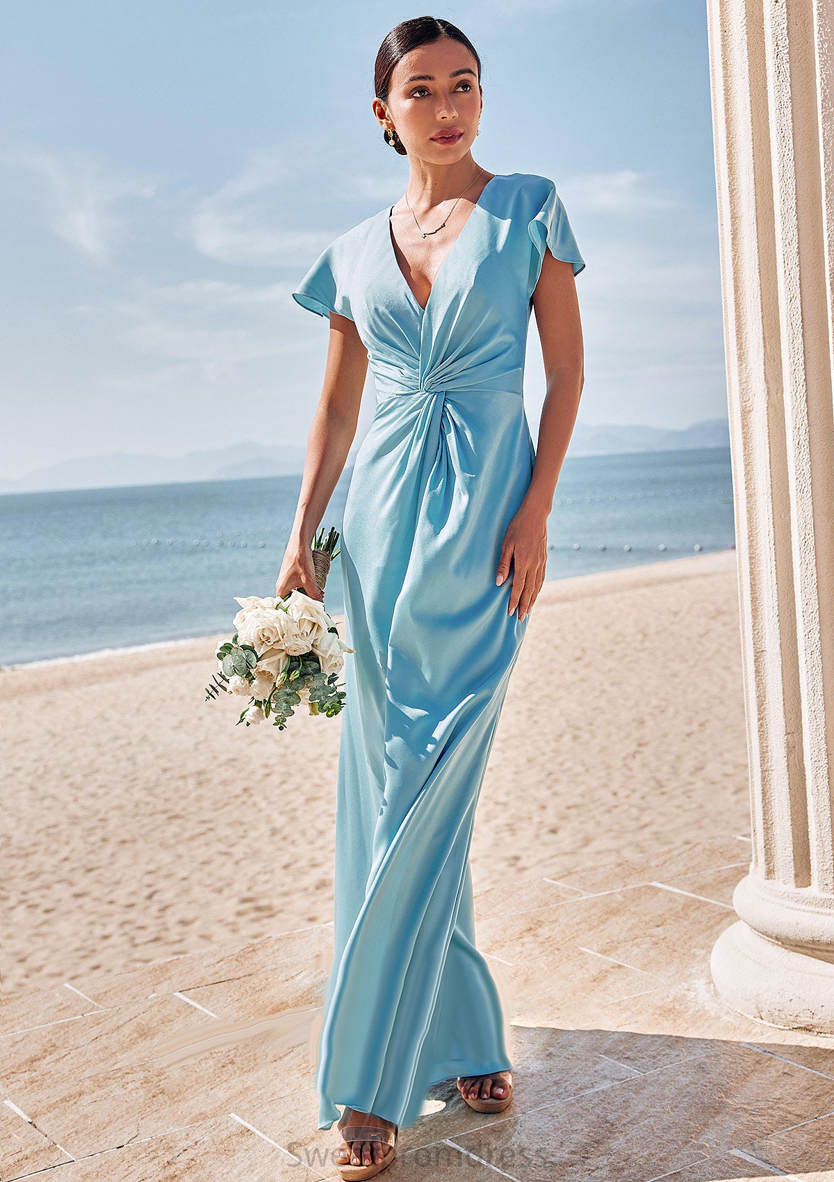 Sheath/Column V Neck Short Sleeve Floor-Length Stretch Satin Bridesmaid Dresses with Pleated Lilyana DHP0025225