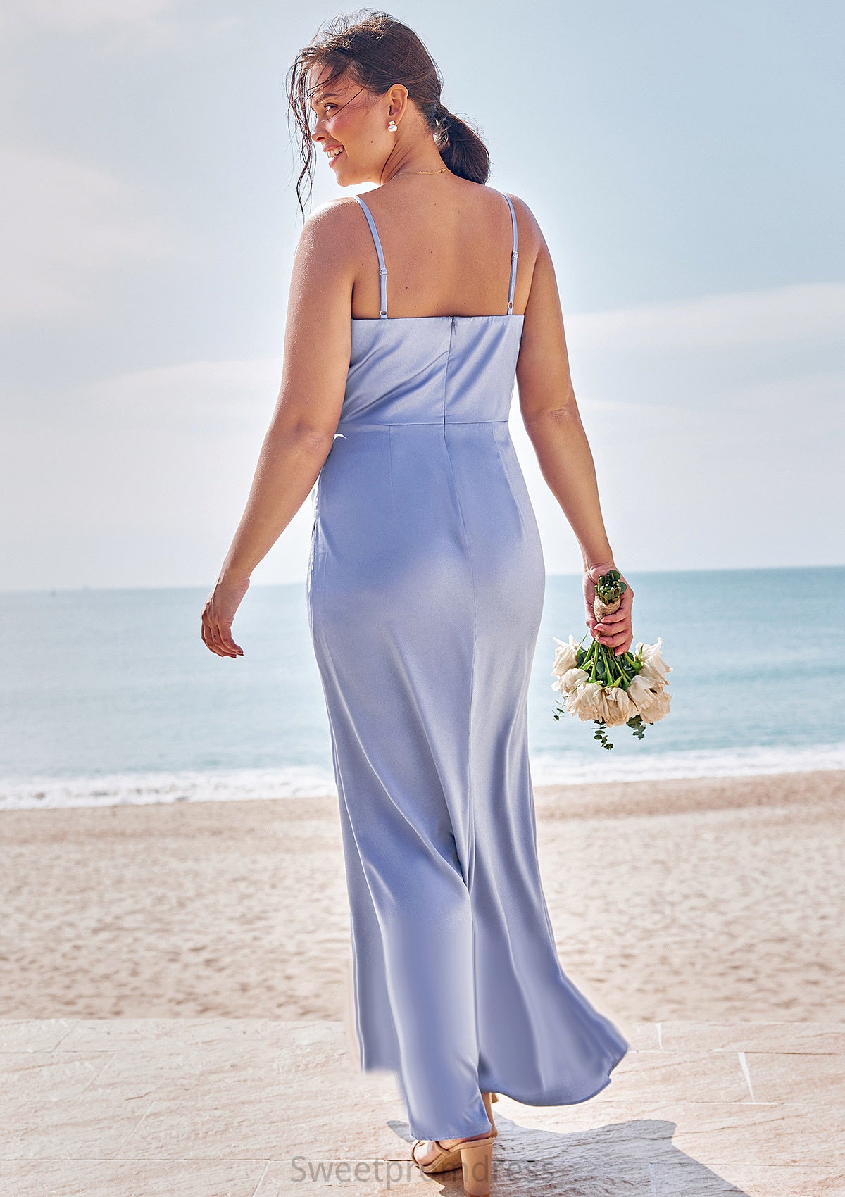 Sheath/Column V Neck Sleeveless Floor-Length Stretch Satin Bridesmaid Dresses with Pleated Split Araceli DHP0025227